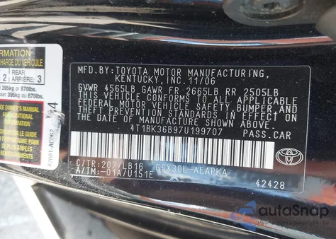 2007 Toyota Avalon Xl/Xls/Touring/Limited из США, поврежденный, VIN 4T1BK36B97U199707